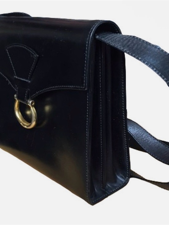 Celine Handbags - Vintage Celine Black Leather Crossbody Bag with Horse Bit Gold Ring Accent